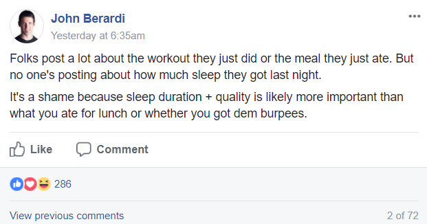 Facebook post from John Berardi to Precision Nutrition Certification Students & Grads