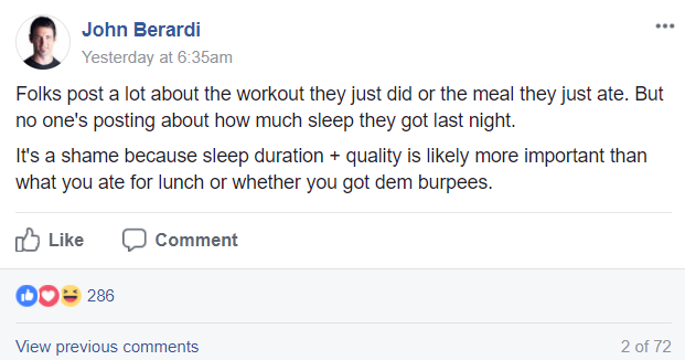 Facebook post from‎ John Berardi‎ to Precision Nutrition Certification Students & Grads