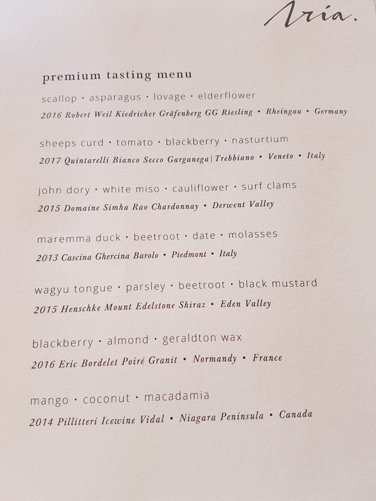 Menu from Aria Restaurant